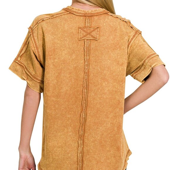 Zenana Acid Wash Raw Edge Detailed Button Henley Top, Sleet - Picture 3 of 3